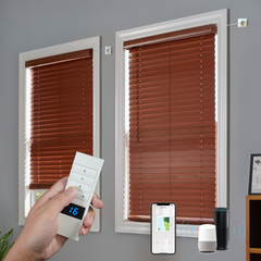 Motorized Wood Blinds 2 Inch Real Wood Slats Venetian Blinds Hardwired Motorized